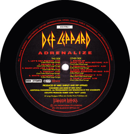 Def Leppard Adrenalize - ORIGINAL 1992 ISSUE VINYL LP