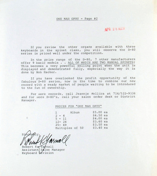 "One Man Opry" Bob Hacker Plays The Yamaha Electone D-80 (VINYL) | Near Mint (NM) Excellent (EX) Retro Vinyl Club