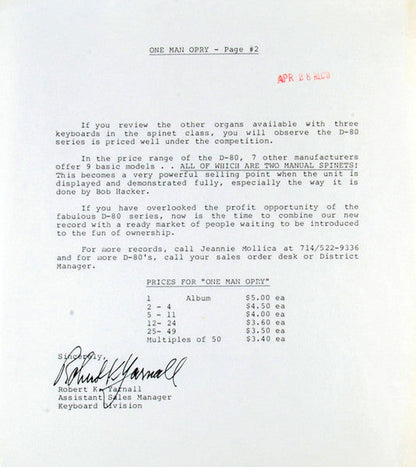 "One Man Opry" Bob Hacker Plays The Yamaha Electone D-80 (VINYL) | Near Mint (NM) Excellent (EX) Retro Vinyl Club