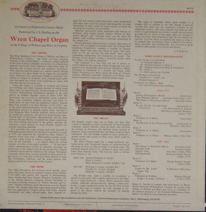 A Concert Of Eighteenth-Century Music Performed By J. S. Darling On The Wren Chapel Organ At The College Of William And Mary In Virginia | Near Mint (NM) Very Good Plus (VG+) Retro Vinyl Club