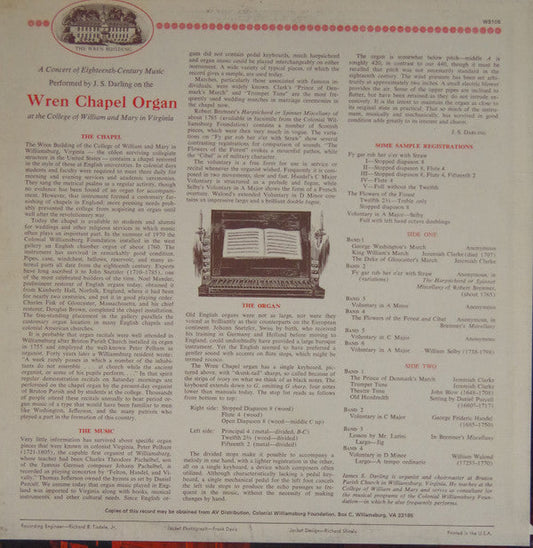A Concert Of Eighteenth-Century Music Performed By J. S. Darling On The Wren Chapel Organ At The College Of William And Mary In Virginia | Near Mint (NM) Very Good Plus (VG+) Retro Vinyl Club