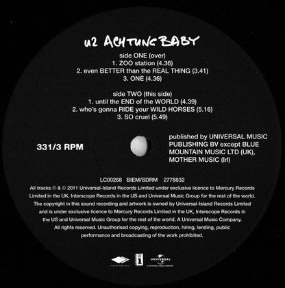 U2 ‎Achtung Baby - 2 x VINYL LP